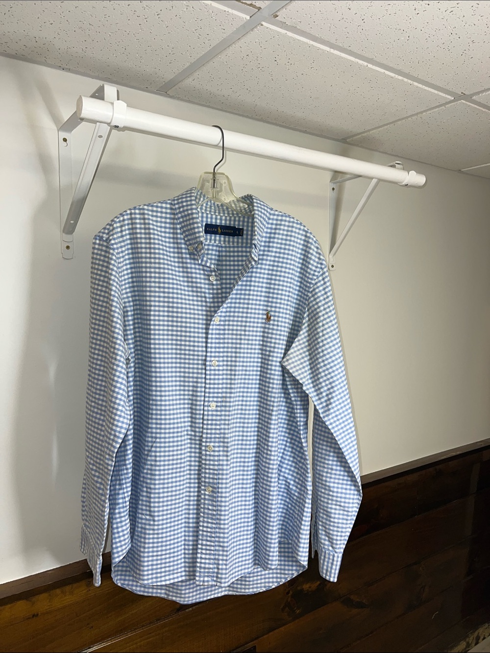 Ralph Lauren Light Blue and White Gingham Button-Down Shirt- L